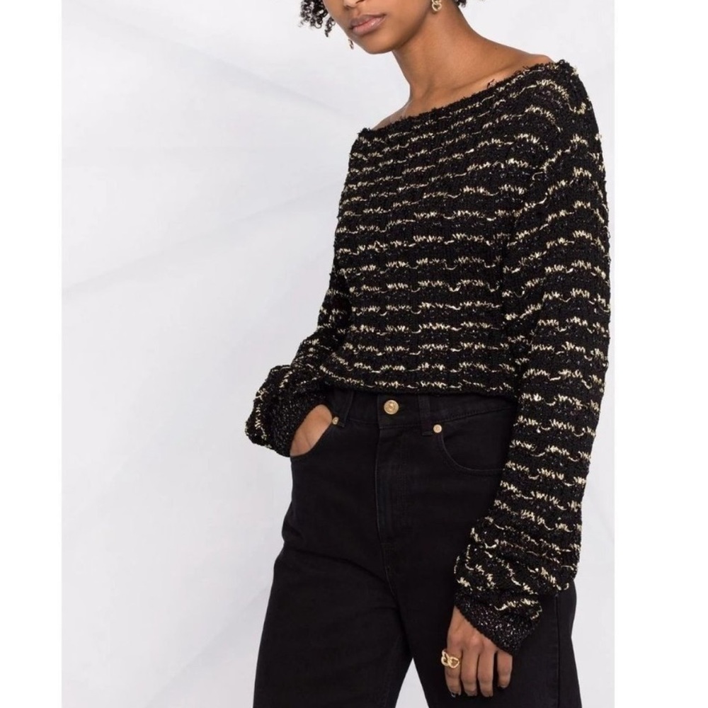 Balmain Off the Shoulder Metallic Tweed Cropped Sweater size 42 | 8